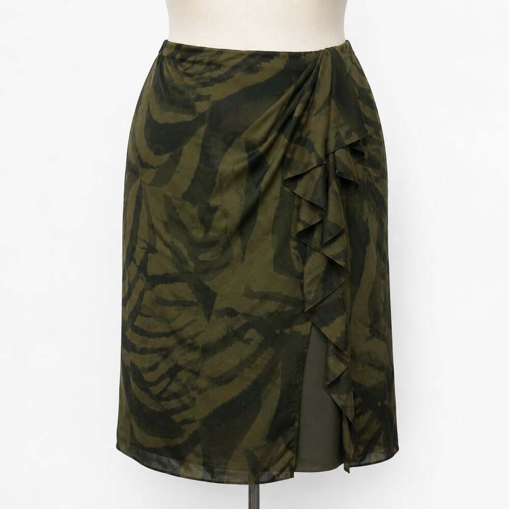 Ralph Lauren Skirt Women 14W Olive Ruffle Midi Slit NWT Zebra
